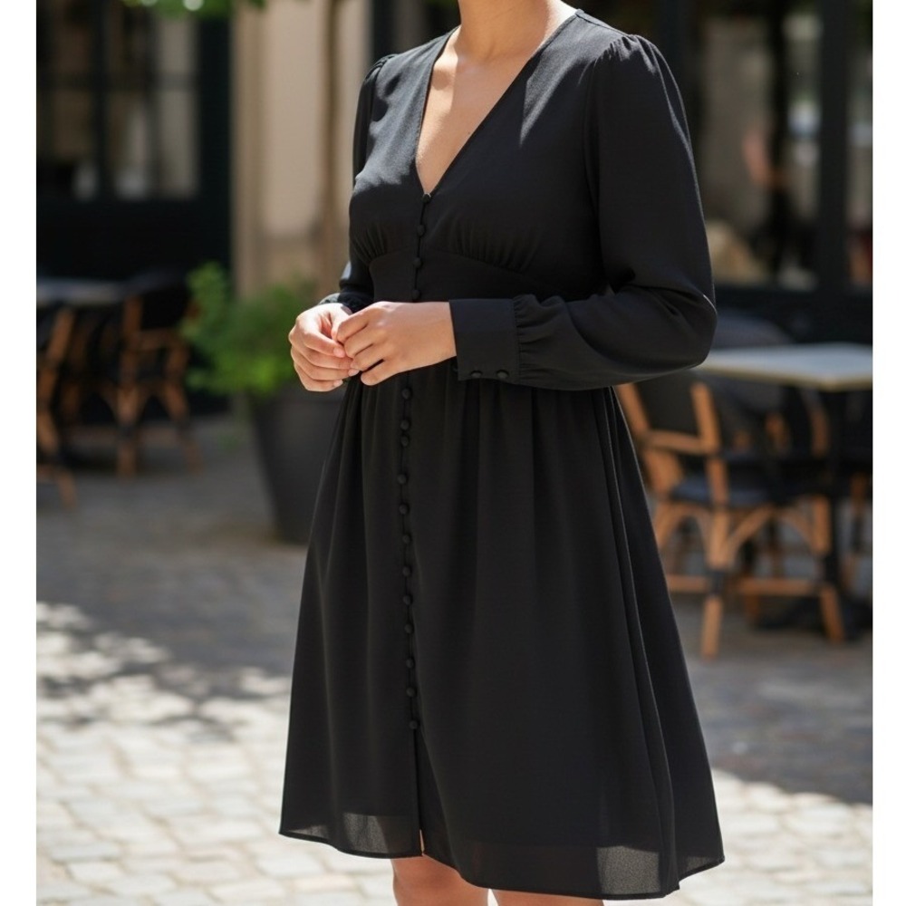 Sezane Silk Long Sleeve Pleat Shoulder Mini Dress in Black Size 38 (6)